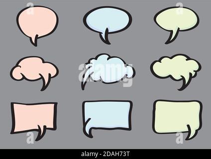 Vector illustration of speech bubbles with copy space in cartoon with black outline isolated on grey background. Stock Vector