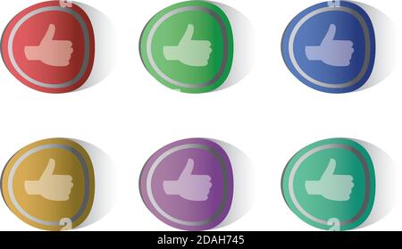 Vector illustration of thumbs-up round stickers in six different colors isolated on white background Stock Vector