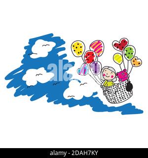 Hand drawn of girls ride in hot air balloons. Children day concept Stock Vector