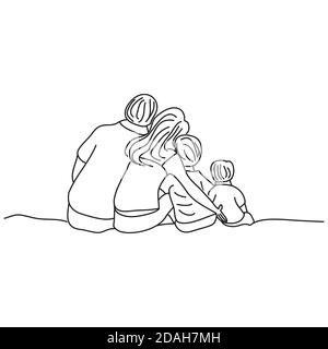 Hand drawn of a back view of a family sitting together. Stock Vector