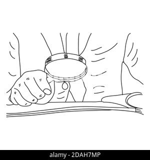 Illustration hand drawn of businessman while using magnifying glass on his documents Stock Vector