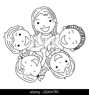 Hand drawn of five children holding hands. Children day concept Stock Vector