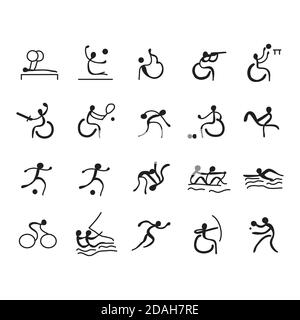 Hand drawn of disabled sports black pictogram invalid people icons set isolated vector illustration Stock Vector