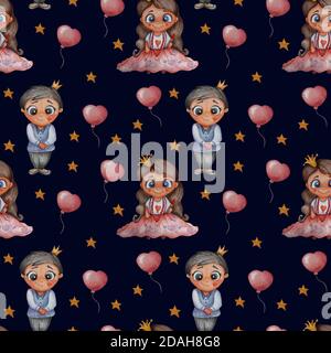 Lovely children. Seamless patterns. Little girl princess with hairstyle and lipstick in her hand and a handsome prince on a black background with Stock Photo