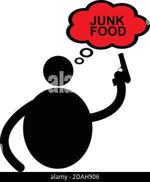 illustration vector fat man icon using gun shooting word JUNK FOOD in thinking balloon, diet concept Stock Vector