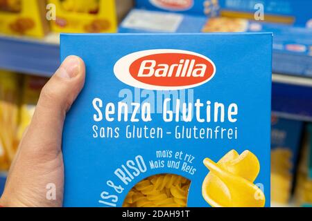 Tyumen, Russia-November 07, 2020: Supermarket with of pasta Barilla, the most famous pasta Italian brand Stock Photo