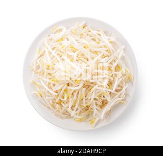 Bean sprouts in a white dish on a white background. The view from above Stock Photo