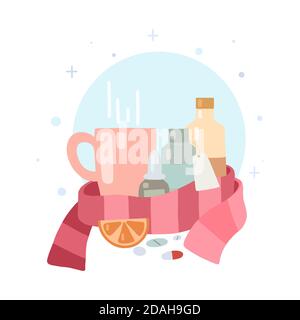 Flu treatment at home. Flat illustration of a cup, medicine, pills, scarf on a white background. Colds and therapy. Vector picture for postcards, bann Stock Vector