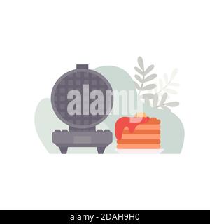Flat illustration of an open waffle iron with waffles with gravy on an abstract background. Tasty breakfast. Vector drawing for cards, banners and you Stock Vector
