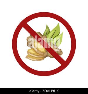 Flat image of ginger root with leaves in prohibition sign on a white background. Cartoon illustration. Ban on food. Vector forbidden object for menus, Stock Vector