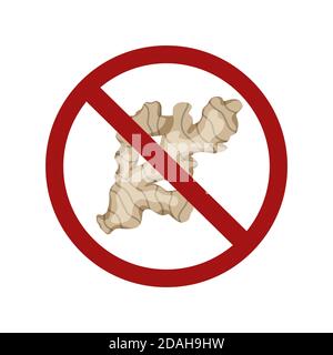 Flat of ginger root in prohibition sign on a white background. Cartoon illustration. Ban on food. Vector forbidden object for menus, articles, recipes Stock Vector