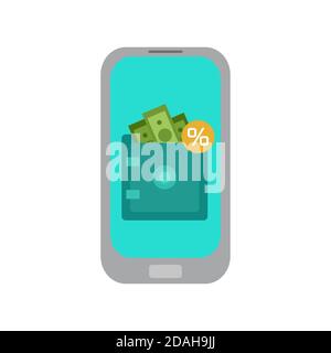 Online deposits. Mobile banking. Flat illustration of mobile phone with strongbox, with money and percents. The object is separate from the background Stock Vector
