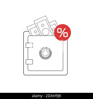 Keep money in deposits with interest. Safe bank vault. Outline illustration of a safe with money and a percent sign. Vector contour object for icons, Stock Vector