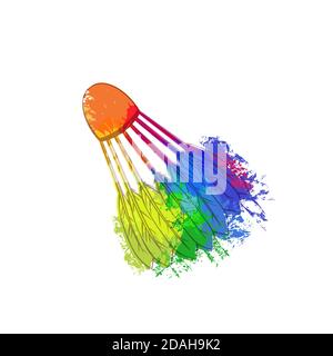Contour sketch of a shuttlecock with rainbow watercolor splashes on a white background. Equipment for sports games. Vector grunge object for logos, ic Stock Vector