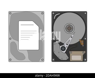 Contour tech illustration of a hard drive with a top view and a cover on a white background. Accessories for the computer. Vector object for drawings, Stock Vector