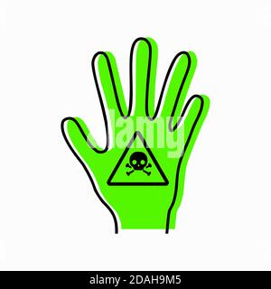 Poisoning a person. Intoxication of limbs. Contour silhouette of hand with poison icon and green silhouette on white background. Danger of exposure. V Stock Vector