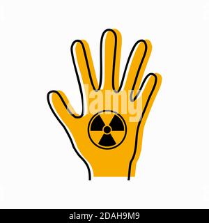 Dangerous dose of radiation of limbs. Contour silhouette of hand with icon radiation and yellow silhouette on white background. Danger of exposure. Ve Stock Vector