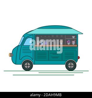 Outline cartoon of an ice cream food truck. Vintage retro car. Contour colorful vector illustration for cards, banners and your design. Stock Vector