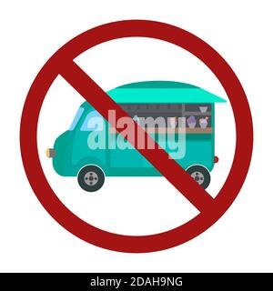 Outline cartoon of an ice cream food truck in prohibition sign. Vintage retro car. Forbidden for street food. Contour colorful vector illustration for Stock Vector