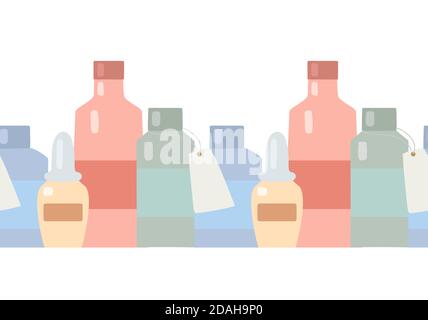 Seamless flat border with medicine bottles and potions in a row on a white background. Ointments and balms. Vector texture for frame, backgrounds and Stock Vector