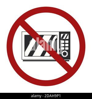 Retro black silhouette of microwave in the prohibition sign. Ban on heating food in the microwave. Danger of the waves. Vector forbidden sign for icon Stock Vector