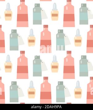 Seamless flat pattern with medicine bottles and potions in a row on a white background. Ointments and balms. Vector texture for fabrics, backgrounds a Stock Vector