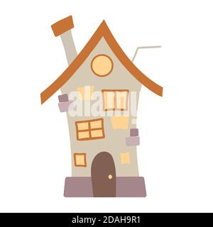 Flat cartoon illustration of a multi-storey village house with a chimney and antenna on a white background. Lovely home. Vector element for stickers, Stock Vector