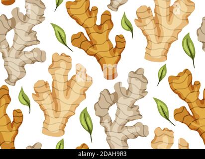 Seamless texture with cartoon ginger roots with leaves on a white background. Healthy food. Flat vector background for fabrics, wallpapers and your cr Stock Vector
