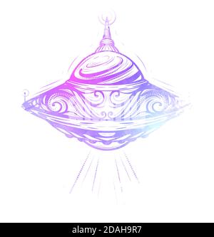 Unknown flying object. UFO with decoration and tracery pattern on white background. Aliens and the first contact. Neon silhouette for stickers, print, Stock Vector