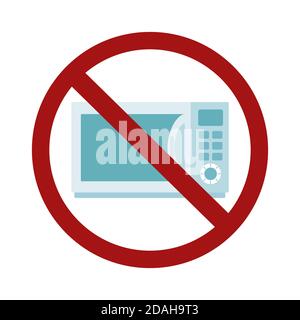 Flat microwave in the prohibition sign. Ban on heating food in the microwave. Danger of the waves. Vector forbidden sign for icons, logos, infographic Stock Vector