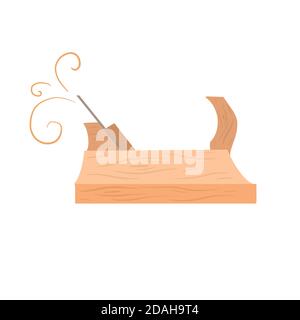 Flat illustration of a wooden carpenter plane with shavings. Old carpentry tools. Hobbies and craft. Vector cartoon object for logos, icons, banners a Stock Vector