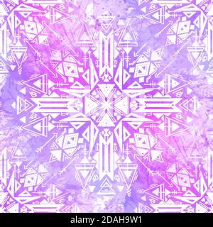 Seamless tribal native texture. White hand drawn tracery drawing on neon watercolor background. Vector boho pattern with splashes for fabrics, covers, Stock Vector