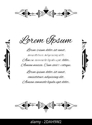 Vertical card with black tribal native pattern and place for text on white background. Geometric mandala. Vector boho template for card, wedding invit Stock Vector