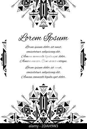 Vertical card with black tribal native pattern and place for text on white background. Geometric mandala. Vector boho template for card, wedding invit Stock Vector