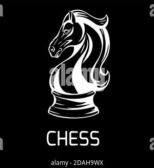 Contour white knight chess horse on black background with word. Proud mustang mascot. Symbol of smart play. Outline object for logos, icons, print, st Stock Vector