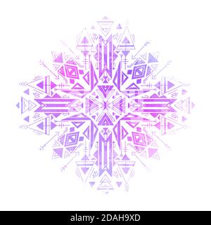 Tribal geometric mandala. White native ornament with neon watercolor splashes. Mystical pattern. Vector folk pattern for cards, stickers, scrapbooking Stock Vector