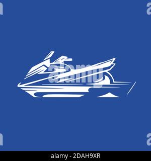 White silhouette of a water bike on blue background. Active sport lifestyle. Summer fun on the water. Vector element for logos, icons, identity and yo Stock Vector