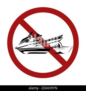 Water bike in the prohibition sign. The danger of riding on water vehicles. Vector sign for logos, icons and your creativity. Stock Vector