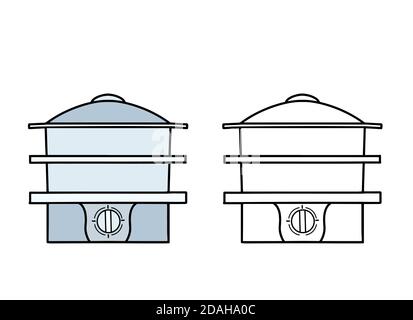 Set of outline empty steamer. Contour illustration of kitchen utensils. Healthy steamed food. Line art vector illustration for menus, recipes and your Stock Vector