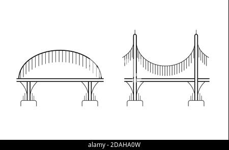 Set of various contour bridges on columns. City communications. The intersection of rivers and ravines. Vector object for icons, logos, signs and your Stock Vector