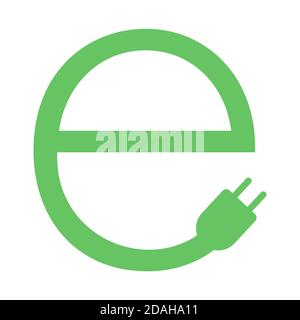 Eco electric icon. E letter energy symbol with plug isolated Stock Vector