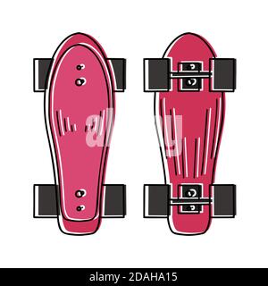Set of color outline illustration of a skateboard top and bottom view. Active lifestyle. Sports hobby. Vector colorful object for logos, icons, sticke Stock Vector
