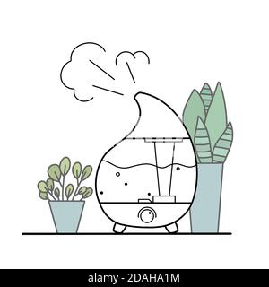 Contour illustration of a humidifier with indoor plants in pots on a white background. Comfort at home. Aromatherapy device. Vector outline object for Stock Vector