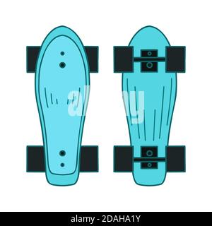 Set of color outline illustration of a skateboard top and bottom view. Active lifestyle. Sports hobby. Vector object for logos, icons, stickers and yo Stock Vector