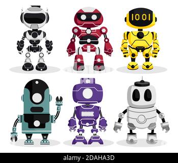 Robots character vector set. Robotic characters with modern technology for robots collection design isolated in white background. Vector illustration. Stock Vector
