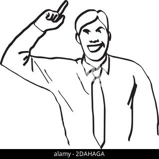 illustration vector doodles hand drawn smiling businessman with raised finger pointing up Stock Vector