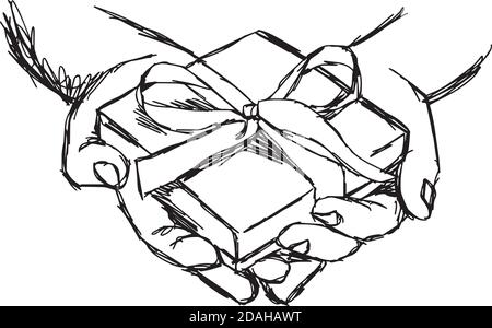 illustration vector doodle hand drawn of sketch hand of person giving or receiving gift package, isolated on white background. Stock Vector