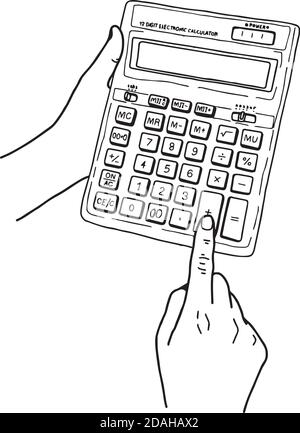 illustration vector hand draw doodles of calculator with hand isolated on white background Stock Vector