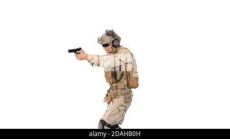 Soldier walking and aiming with a pistol on white background Stock ...