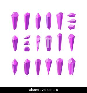 Pink crystal stones like amethyst quartz. Big set of gems or glass crystals. Vector illustration in cartoon style Stock Vector